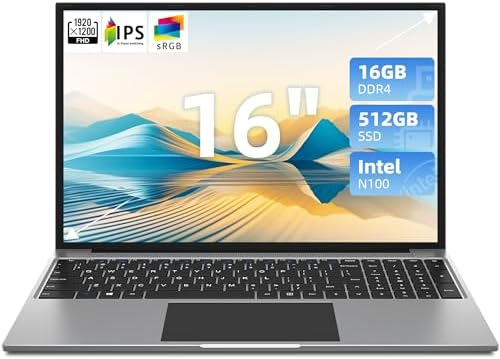 jumper 16 Inch Laptop Computer, 12th Intel N100 CPU Up to 3.4GHz, 16GB RAM 512GB ROM, Laptops with 1200P FHD IPS Display, 16:10 Aspect Ratio, 38WH Battery, Cooling System, 2.4G+5G WiFi, BT4.0, USB3.0.