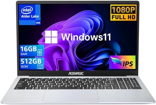 ACEMAGIC Laptop Computer 16GB DDR4 512GB SSD with Quad-Core Intel N95 Processor, Windows 11 Laptop 15.6 inch 1080P FHD, Metal Body, WiFi, BT5.0, Webcam, Type_C, USB3.2