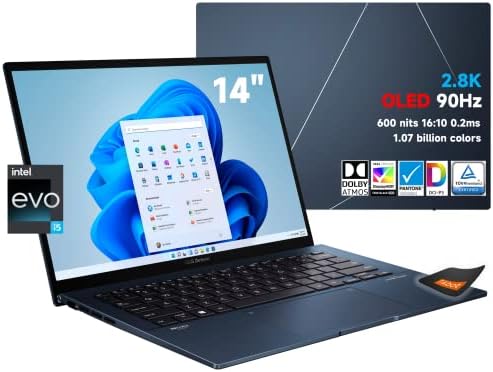 ASUS 2022 Newest Zenbook 14″ 2.8K OLED 90Hz Business Laptop, 12th Gen Intel Evo i5-1240P 12 Cores, 600 nits 100% DCI-P3, 18 hrs Battery Life, 8GB LPDDR5, 256GB SSD, WiFi 6E, Thunderbolt 4