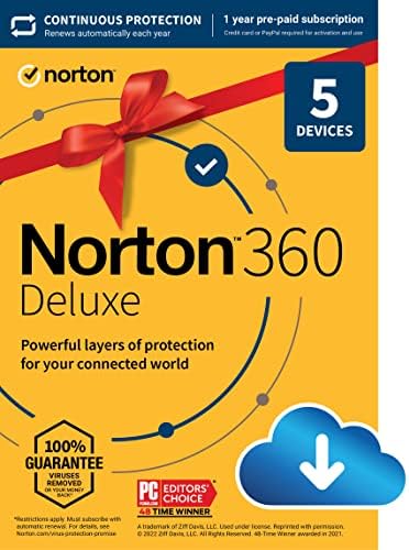 Norton 360 Deluxe, 2024 Ready, Antivirus software for 5 Devices with Auto Renewal – Includes VPN, PC Cloud Backup & Dark Web Monitoring [Download]