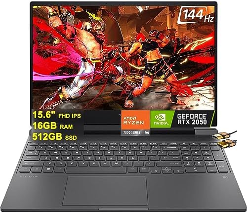 HP Victus 15 Gaming Laptop 15.6″ FHD IPS 144Hz AMD Hexa-Core Ryzen 5 7535HS Processor (Beats i7-11800H) 16GB RAM 512GB SSD GeForce RTX 2050 4GB Graphic Backlit USB-C B&O Win11 + HDMI Cable